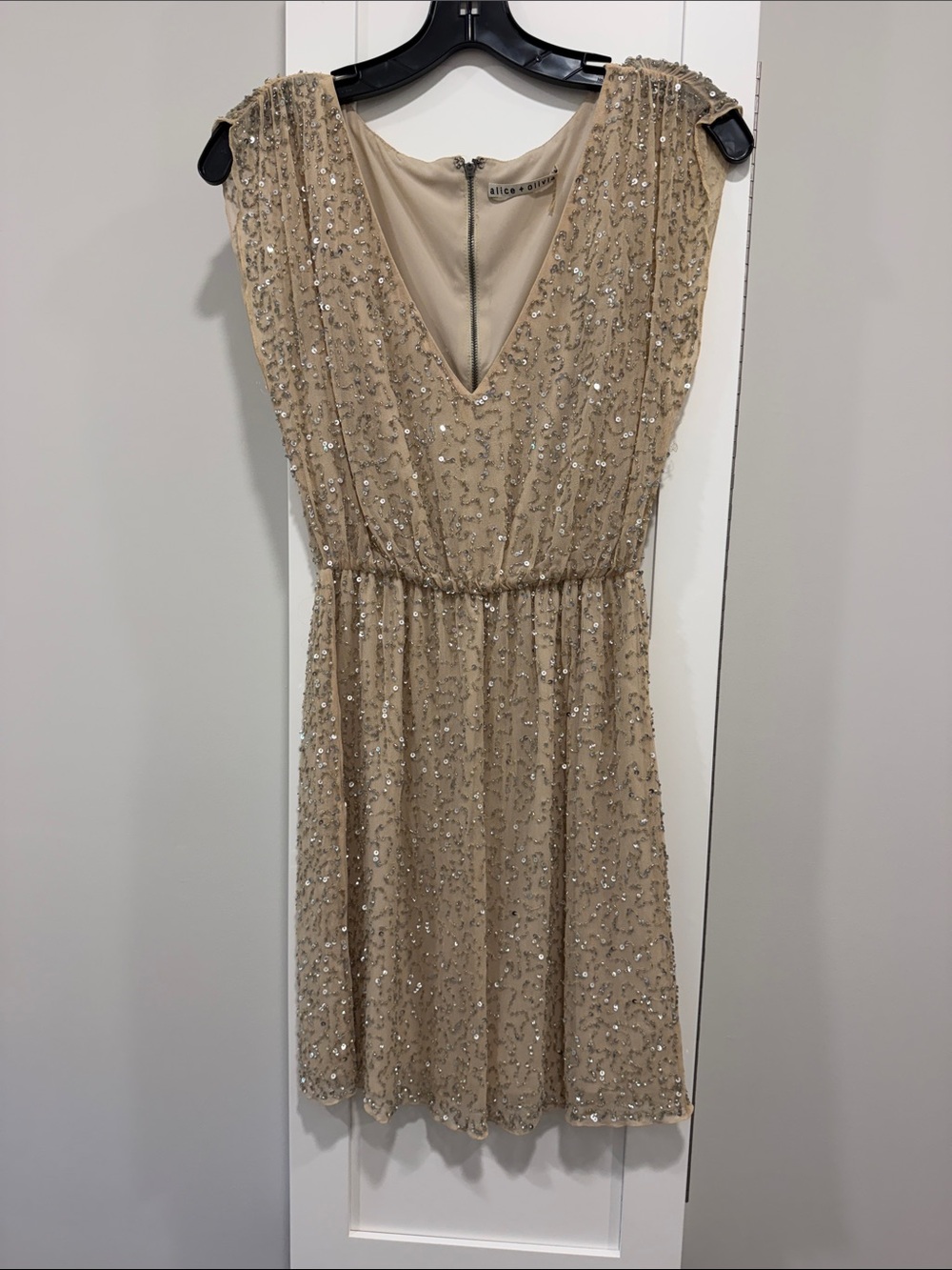 Alice + Olivia Champagne Beaded V-Neck Mini Dress